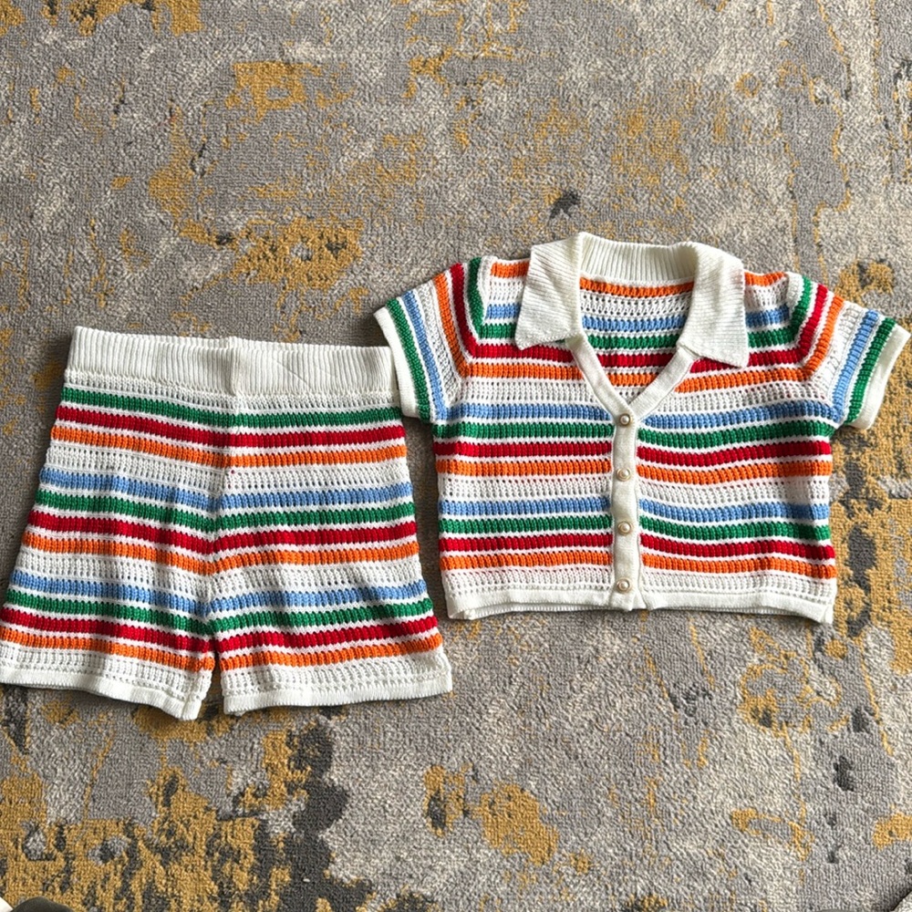 Striped Crochet Two-Piece Set - White with Rainbow Stripes